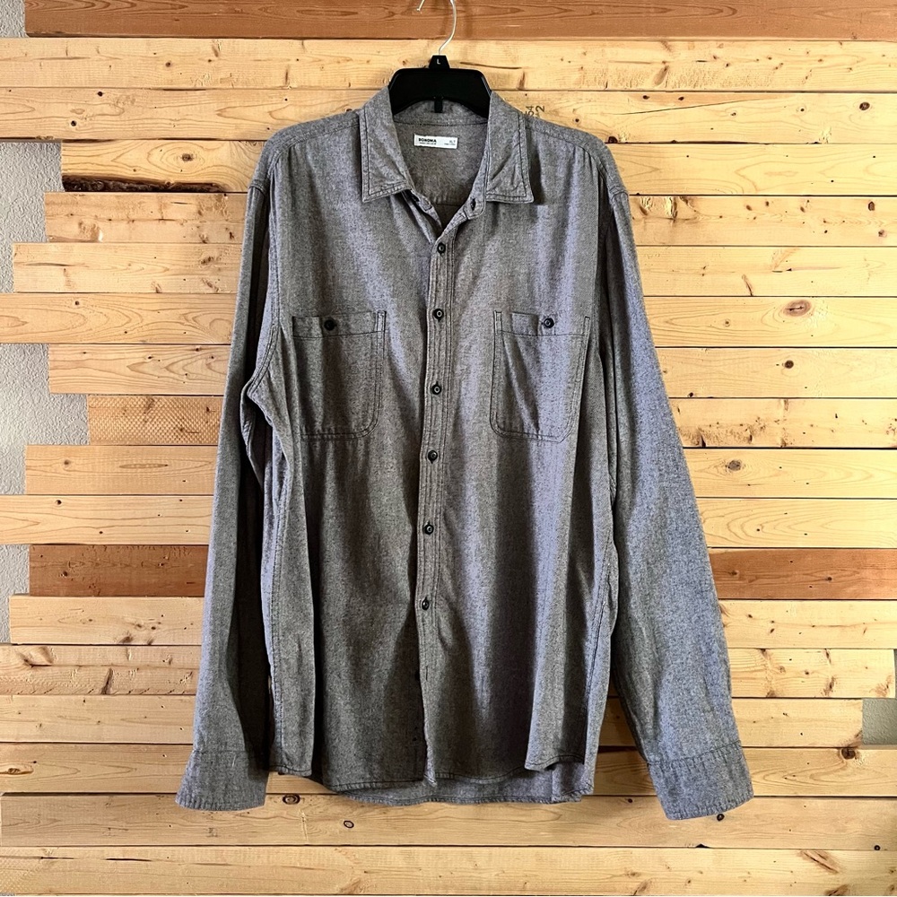 ✅ 3/$20 Sonoma Brown Gray Striped Cotton Button Down Dress Shirt Mens Size XLT